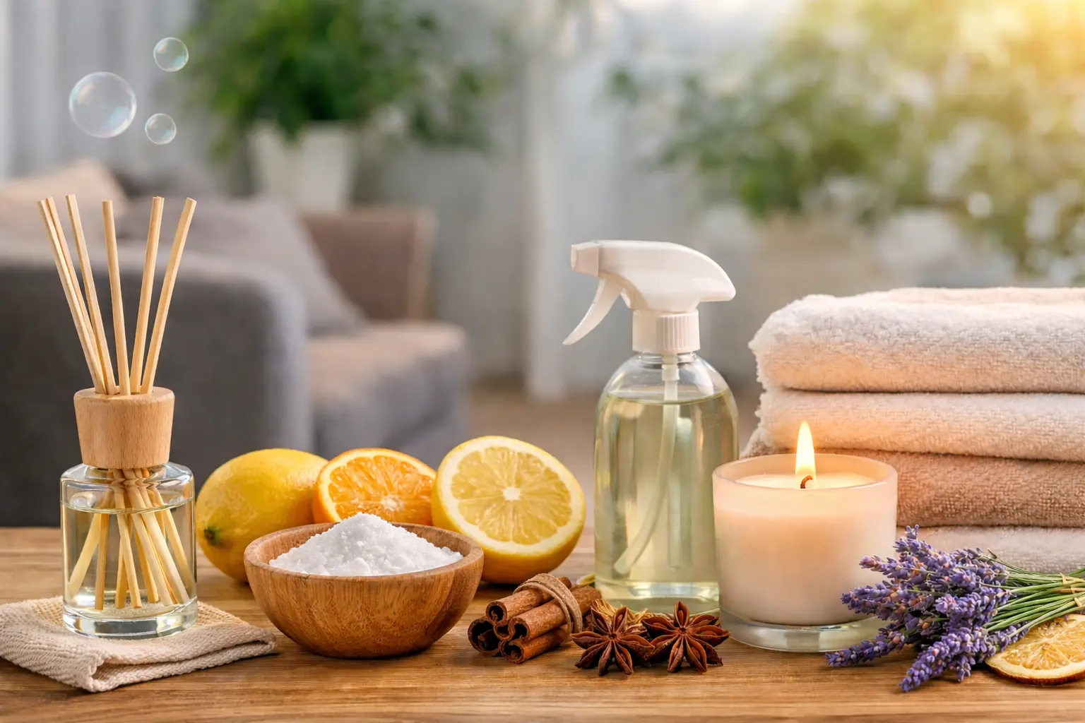 Itens aromáticos naturais sobre uma mesa, como difusor, limão, bicarbonato, vela e lavanda, em um ambiente doméstico iluminado.